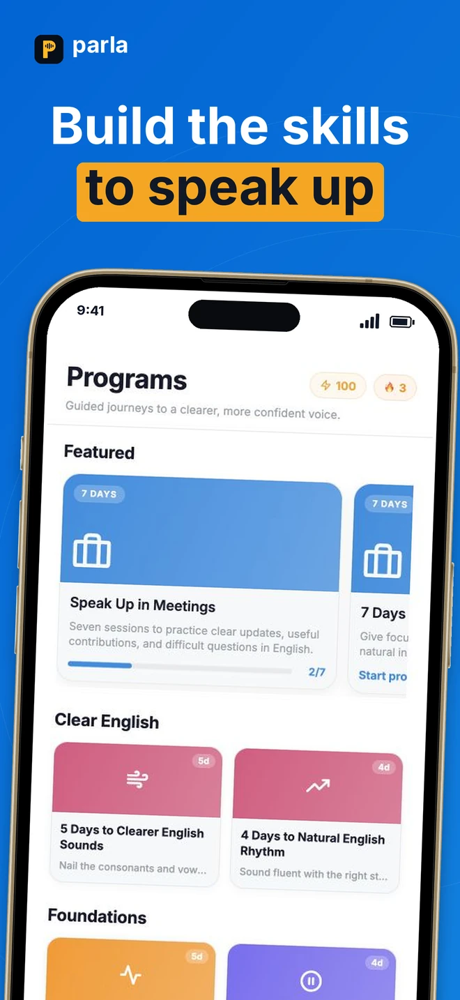 Parla Learn screen with guided programs for meetings, interviews, and clearer English