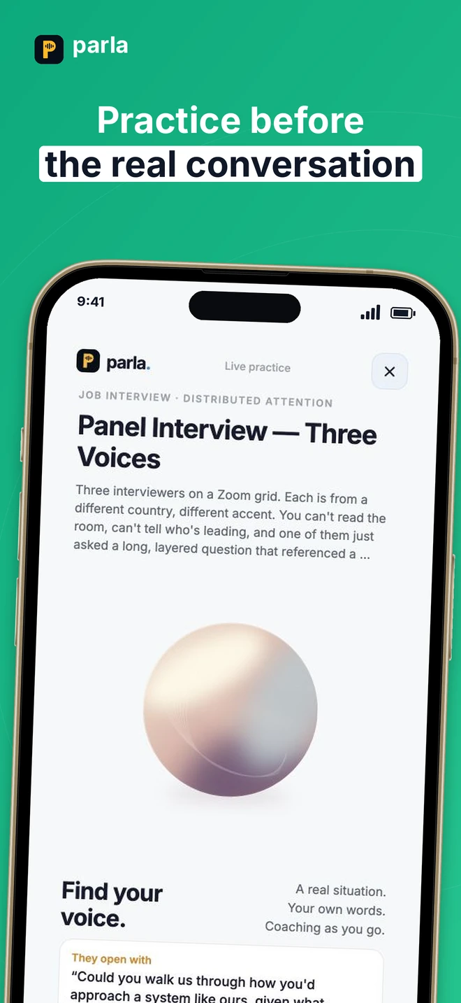 Practice an English panel interview with Parla before the real conversation