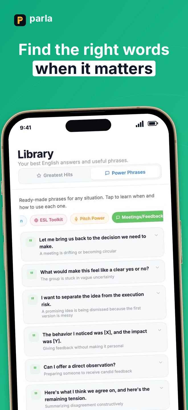 Parla Library with useful English phrases for meetings and constructive feedback
